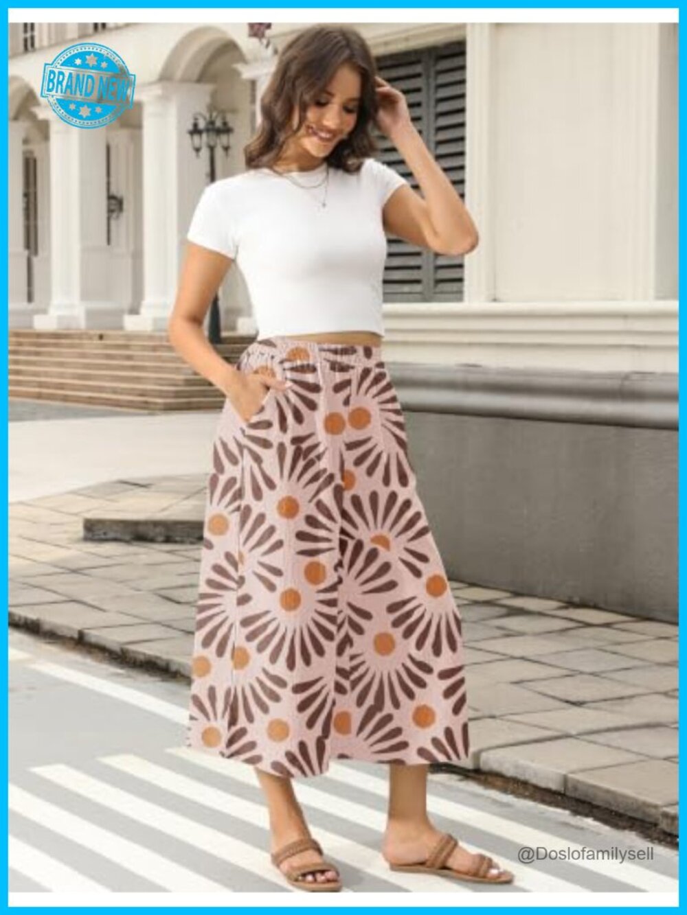 Wide Leg Linen Capri Pants Elastic Waist Palazzo Trousers with Pockets - Picture 3 of 7